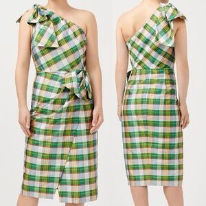J. Crew Green and Blue Plaid One-Shoulder Dress